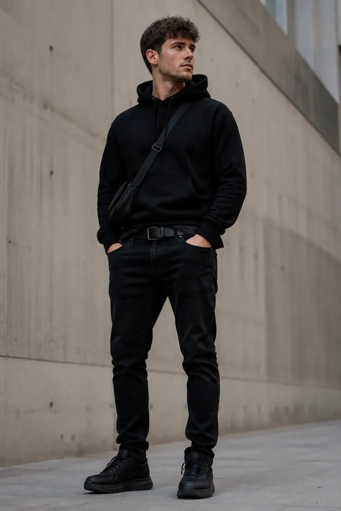 A man wearing a black hoodie and a second black tee under it, with a small rolled edge visible at the waist. He wears black jeans and a simple utility belt with a matte buckle. He has black sneakers and a small crossbody bag.