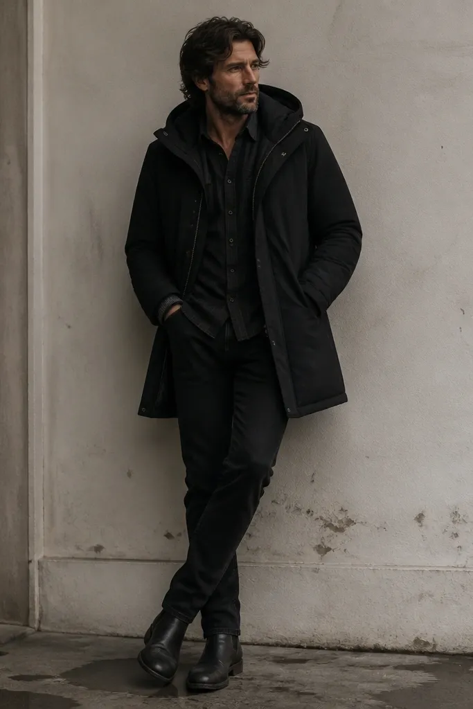 A man wearing a black parka with a matte finish. Under it is a dark thrifted button-up shirt, with cuffs peeking out at the wrists. He wears black jeans and dark boots. The shirt has subtle texture like micro-check or faded stripes.
