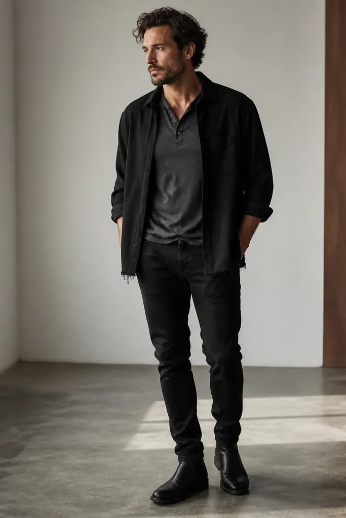 A man wearing a charcoal henley with two or three buttons, sleeves slightly rolled. Over it is a black overshirt with a visibly frayed hem. He wears black jeans and black boots. The overshirt is slightly open, showing the henley.