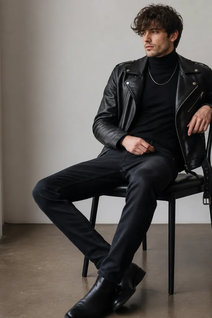 A man wearing a black turtleneck sweater under a matte black moto jacket. The turtleneck is fitted and reaches up to the neck. He wears black jeans and black leather boots. His hair is styled messily, and he wears a simple chain necklace.