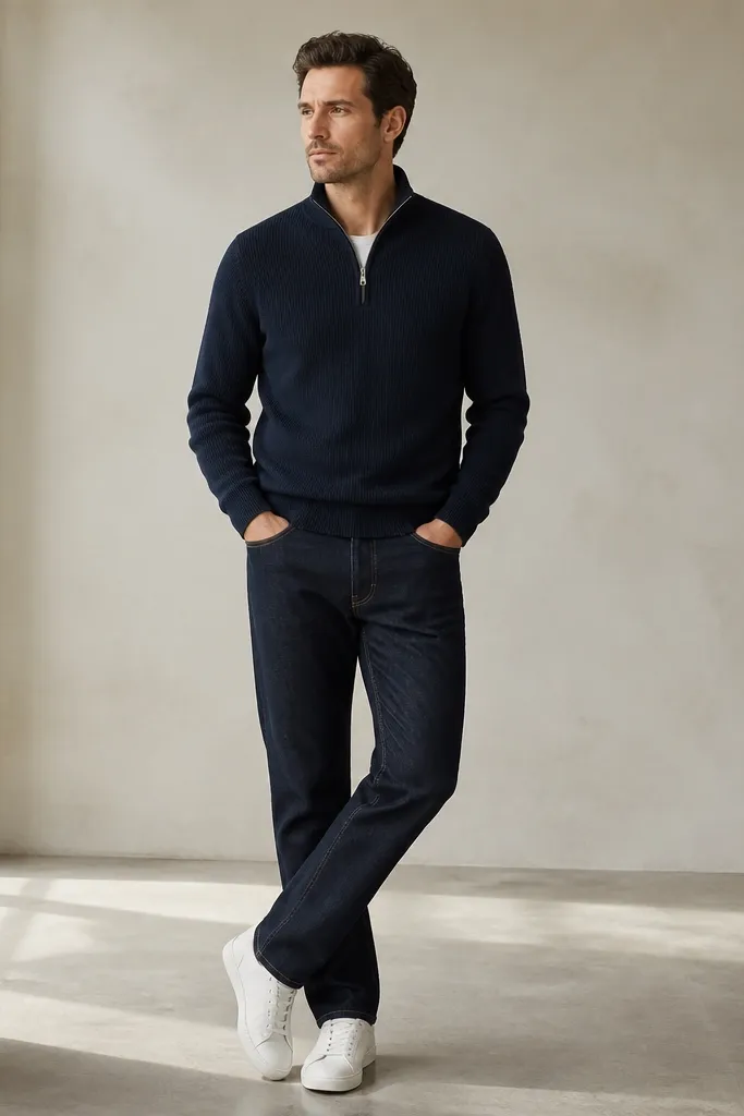 A navy quarter zip knit laid over a pair of dark indigo straight jeans, paired with clean white low-top leather sneakers. No jacket, just the sweater collar and zipper centered in frame.