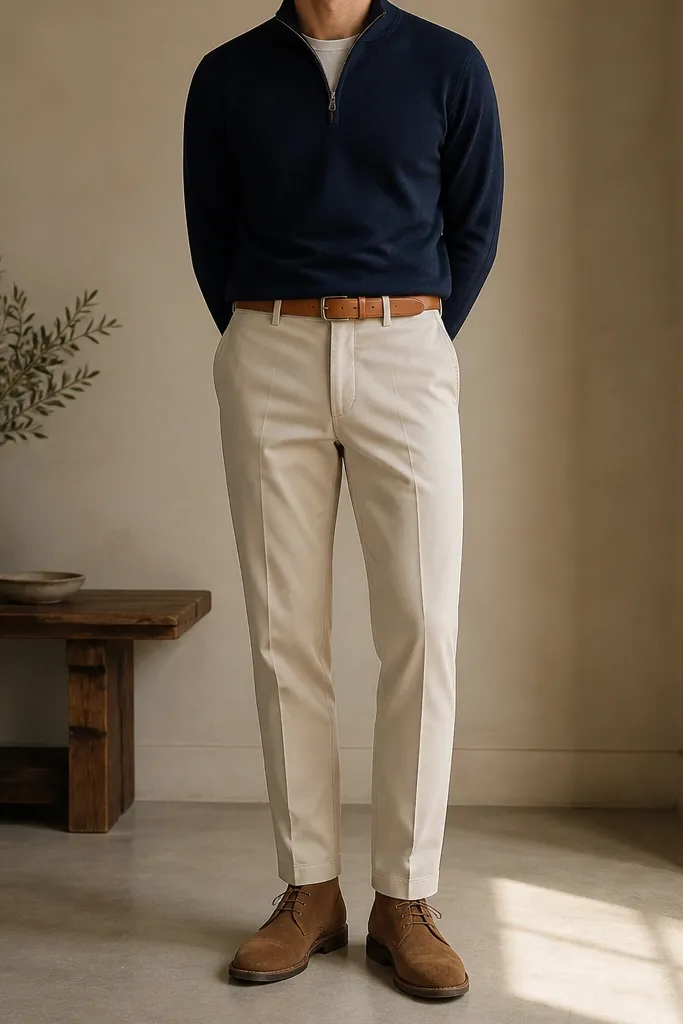 A navy quarter zip tucked into high-rise stone cotton chinos, paired with cognac suede chukka boots. A tan belt is visible at the waist; hands are not shown, focusing on the outfit silhouette.