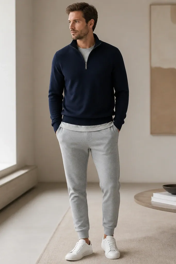 A navy quarter zip worn over a heather gray jogger set, with white court-style sneakers. The outfit shows an untucked sweater hem over the waistband and a clean ankle line.