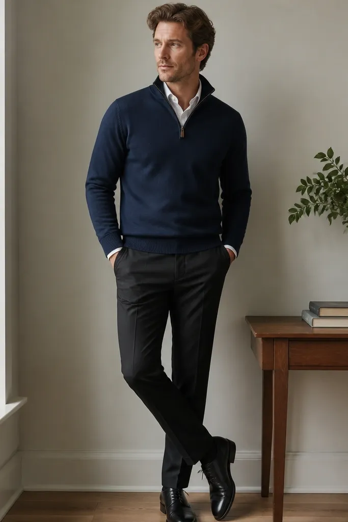 A navy quarter zip layered over a white button-down Oxford shirt, with the shirt collar peeking out. Black slim trousers are worn with polished black leather shoes.