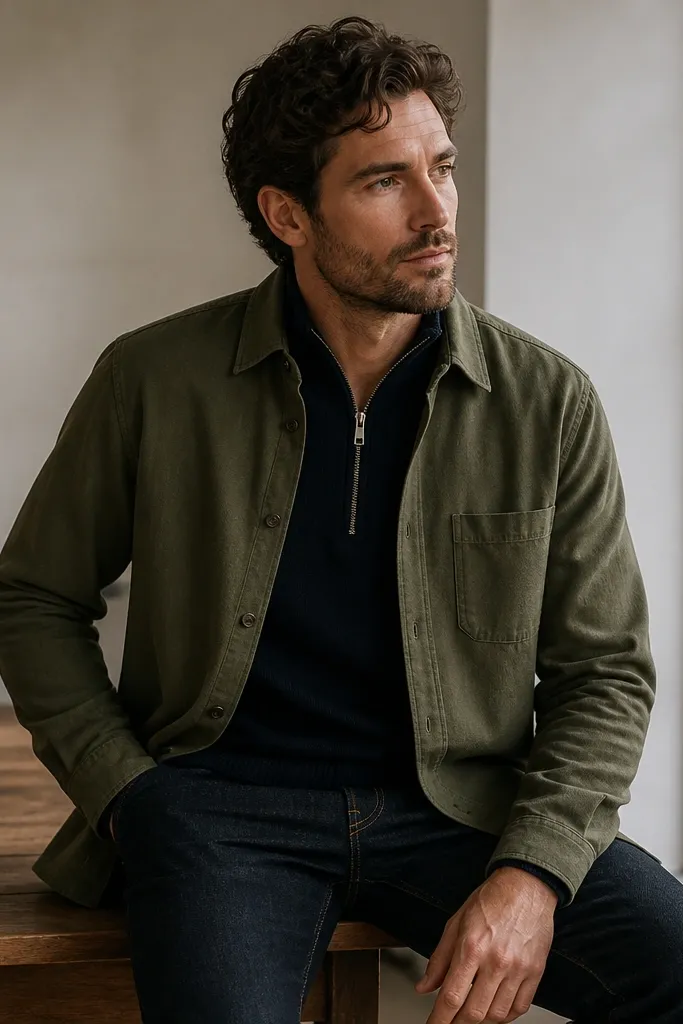 A navy quarter zip underneath an olive brushed cotton overshirt, paired with dark wash jeans. The overshirt buttons are open and the quarter zip zipper is visible.