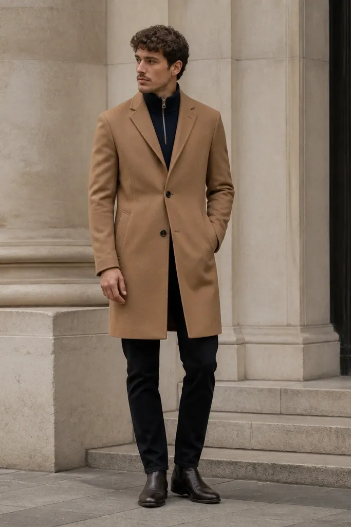 A camel overcoat worn over a navy quarter zip, with black jeans and dark boots. The coat is buttoned and the quarter zip zipper is centered beneath the lapels area.