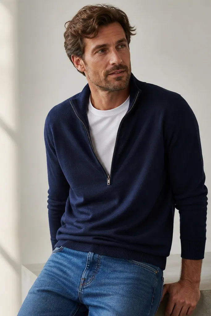 A navy quarter zip worn open over a plain white crew tee, paired with mid-blue denim jeans. The outfit looks casual with a relaxed hem and no outer layer.