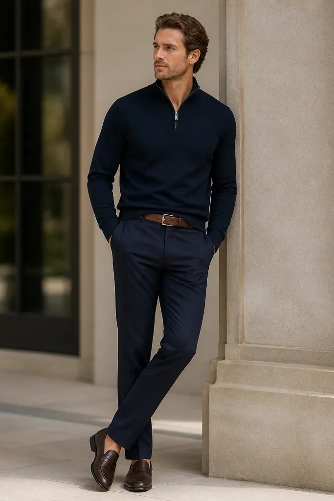 A navy quarter zip with navy chinos in a slightly different shade, styled with a brown leather belt and dark loafers. The photo shows a subtle tonal variation between top and pants.