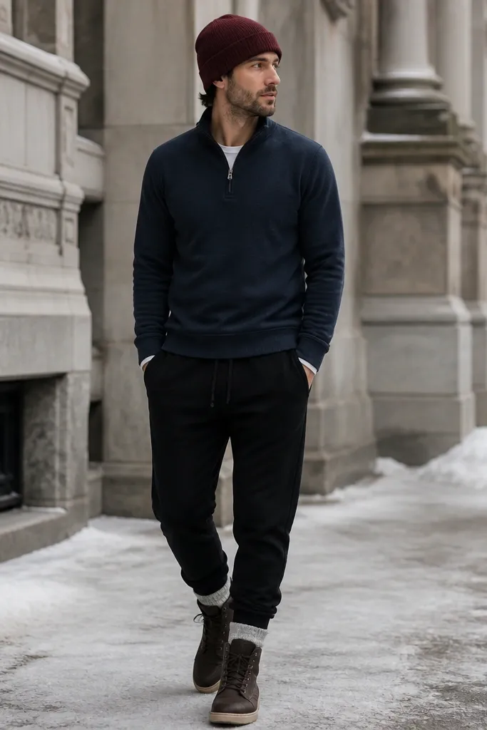 A navy quarter zip worn with black joggers and a burgundy beanie. The outfit is winter-leaning with a visible cuff line and clean sneaker or boot base.