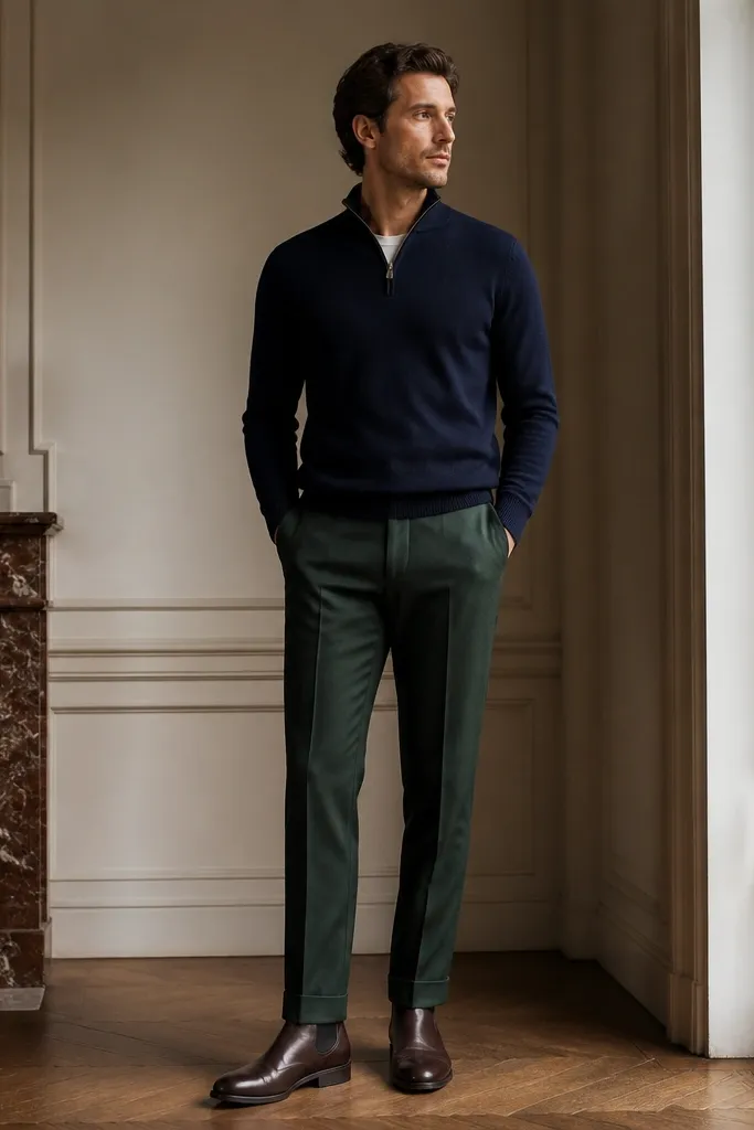 A navy quarter zip worn with forest green wool trousers and dark brown Chelsea boots. The knit is smooth and the trousers have a tailored crease line.