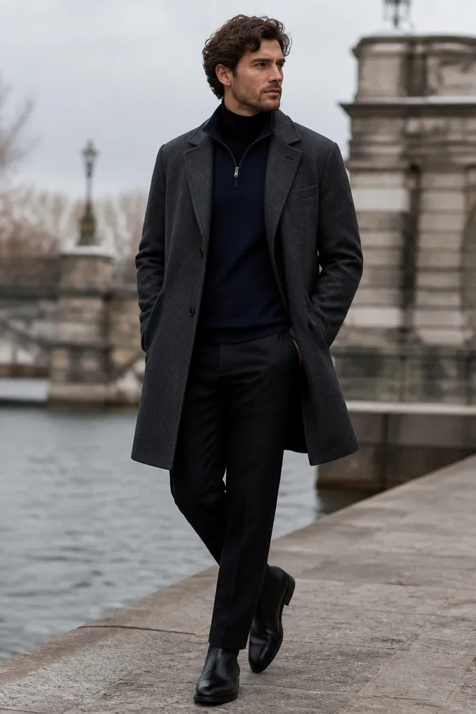 A charcoal overcoat layered over a navy quarter zip, with a black turtleneck visible at the neck. Black trousers and dark shoes complete the winter look.