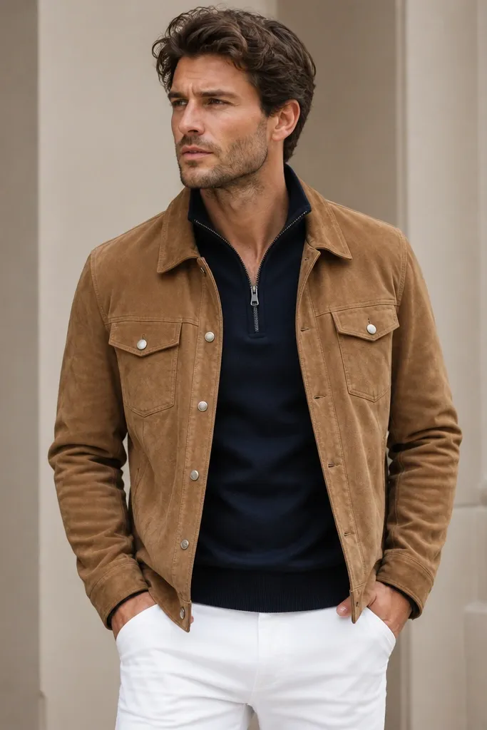 A tan suede trucker jacket worn over a navy quarter zip, paired with white jeans. The jacket is open and the zipper line is visible.