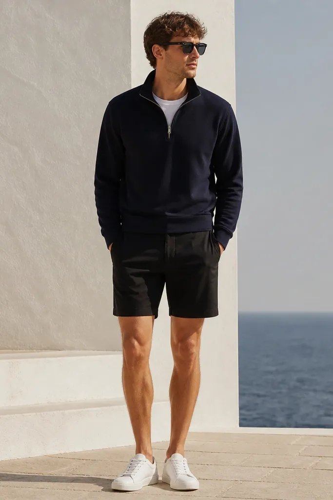 A navy quarter zip worn half-zipped over a white tee, paired with black tailored shorts. White sneakers sit under the hem, with a clean summer silhouette.