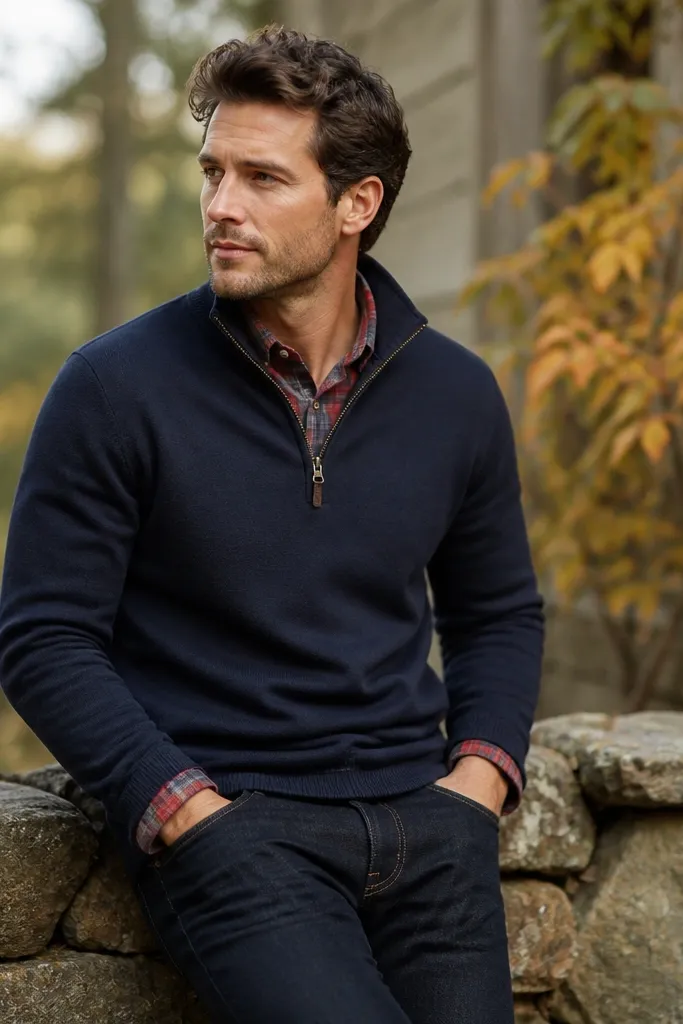 A navy quarter zip worn over a red flannel shirt with cuffs visible at the wrists. Dark jeans complete the outfit with a casual fall feel.