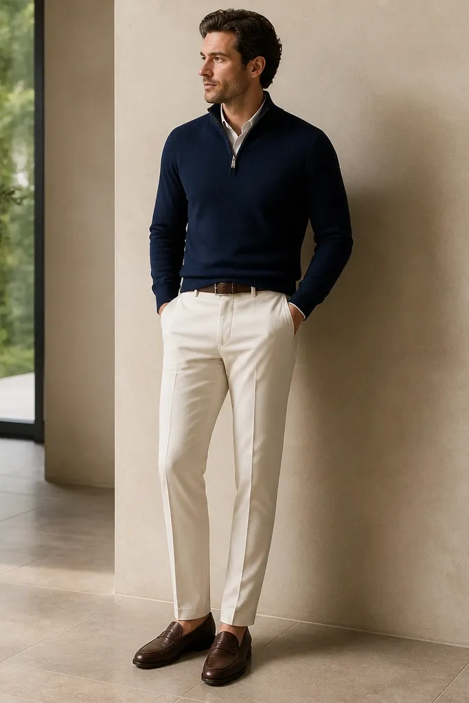 A navy quarter zip worn with cream chinos and brown leather loafers. The outfit shows a clean line from waistband to shoe with a simple belt.