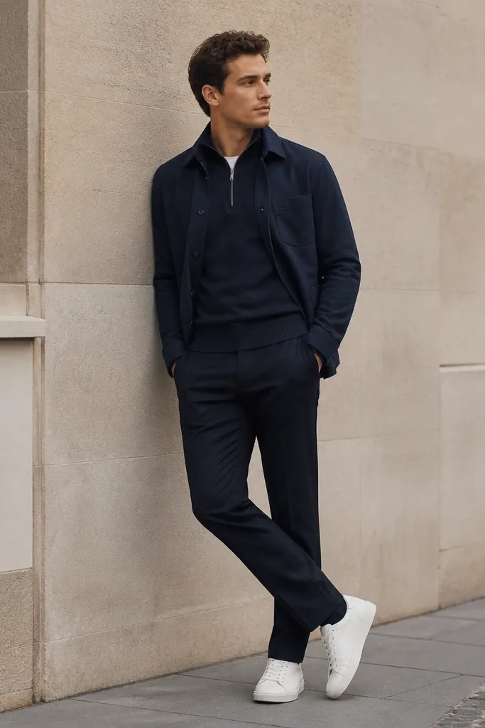 A navy quarter zip under a navy overshirt with the overshirt open, paired with white sneakers. The outfit shows tonal layering and a clean casual silhouette.