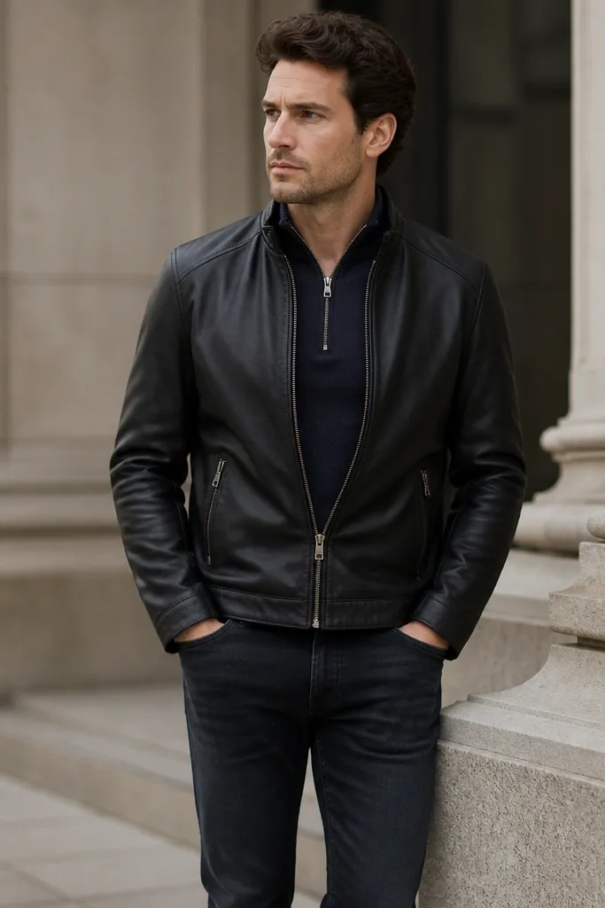 A navy quarter zip worn under a black leather jacket, paired with slim tapered dark jeans. The leather jacket zips halfway and the quarter zip zipper is centered.