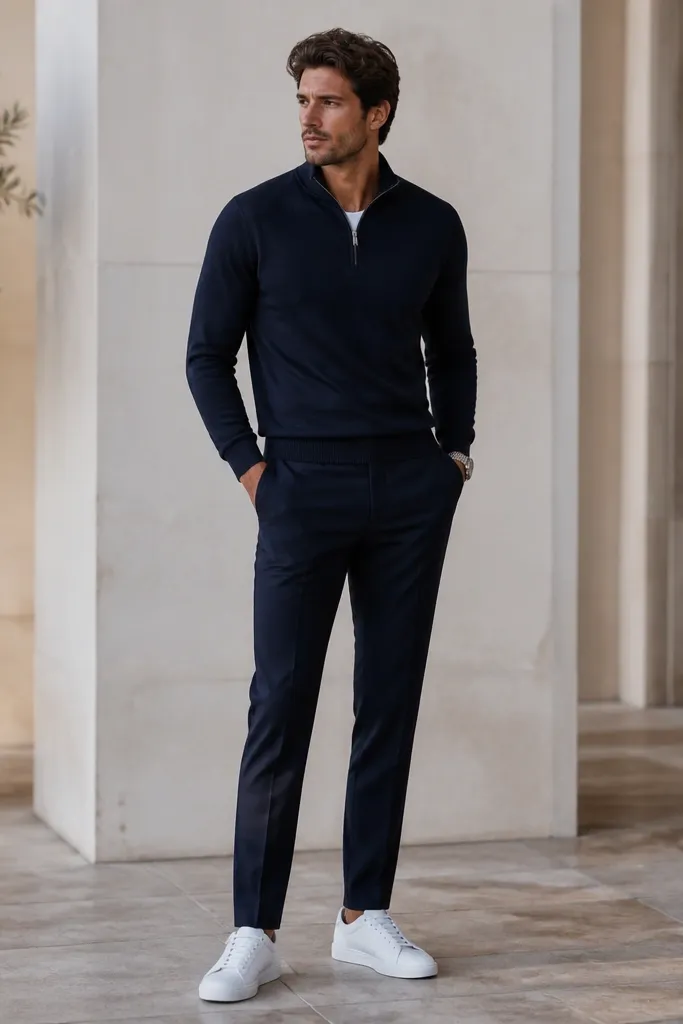 A navy quarter zip paired with navy suit trousers and clean minimalist dress sneakers. The outfit shows a more tailored pant line without a full blazer.