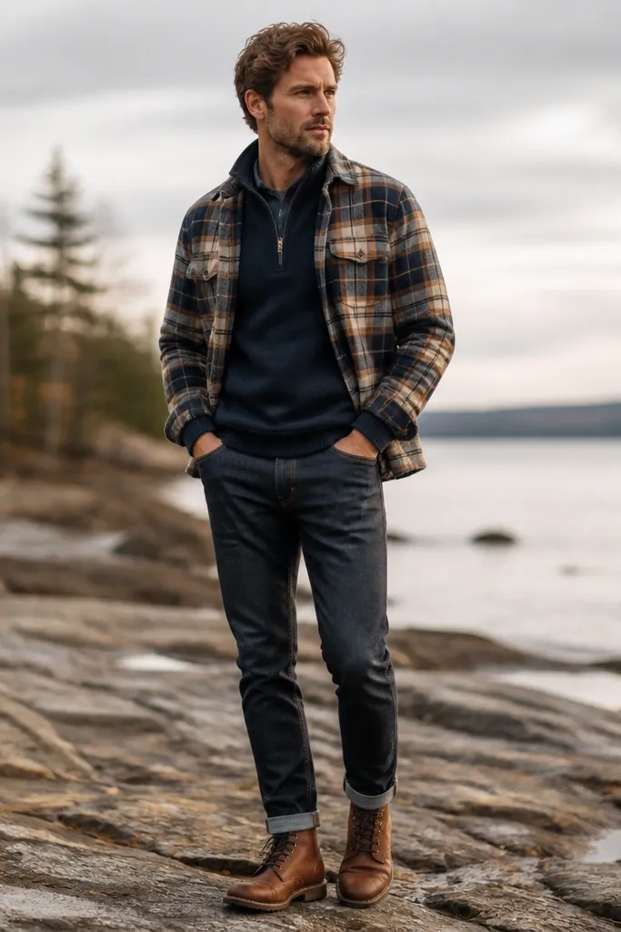 A navy quarter zip worn with a plaid flannel overshirt layered on top, paired with brown leather boots. The plaid pattern is visible at the chest and sleeves.