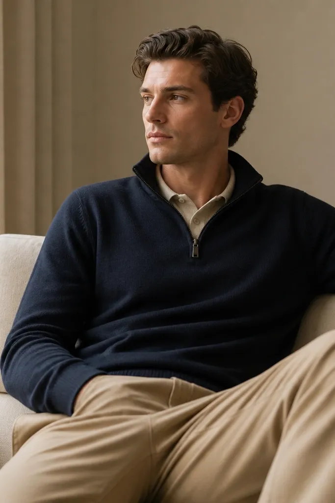 A navy quarter zip layered over a beige knit polo collar showing at the neck, paired with tan chinos. The outfit looks layered but clean with minimal contrast.