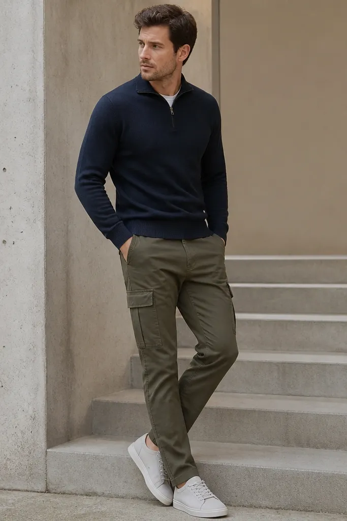 A navy quarter zip with sleeves down, paired with olive slim cargo pants showing side pockets, and minimal white or gray sneakers.