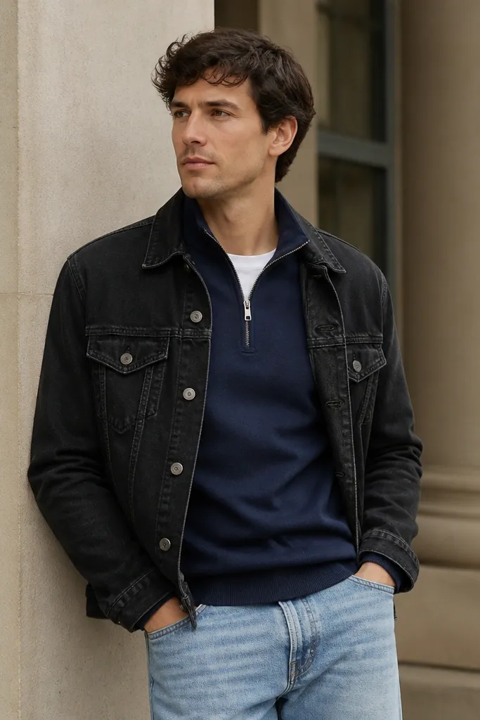 A navy quarter zip under a black denim jacket with the jacket open, paired with light wash jeans. The outfit shows layered denim textures in a controlled way.