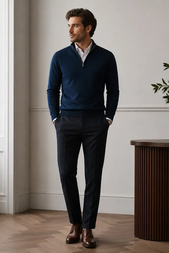 A navy quarter zip over a white button-down shirt with the collar visible, paired with brown derby shoes and dark trousers. The outfit looks dressy without a blazer.