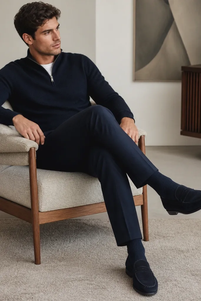 A navy quarter zip with tailored trousers and suede loafers, styled with navy crew socks. The photo focuses on matching sock-to-shoe tone and a clean leg line.