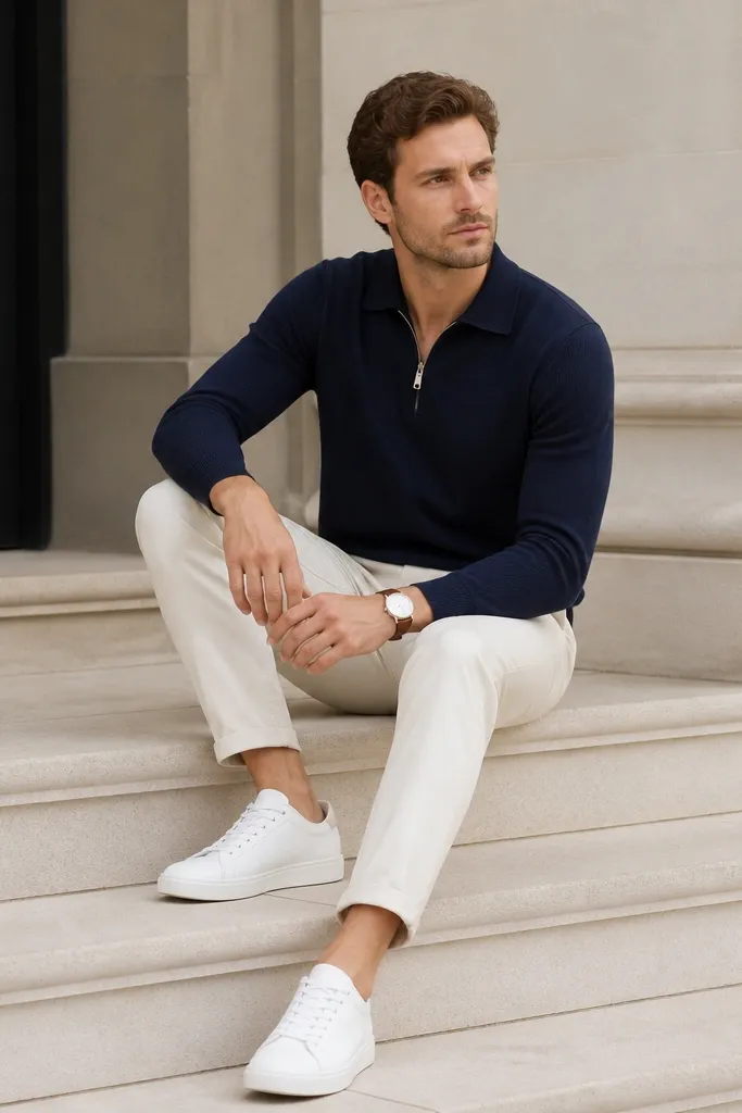 A navy quarter zip polo worn over a bare neck, paired with off-white chinos. The outfit is completed with clean white leather low-top sneakers and a simple brown watch. The zipper is half-closed and the collar lies flat.