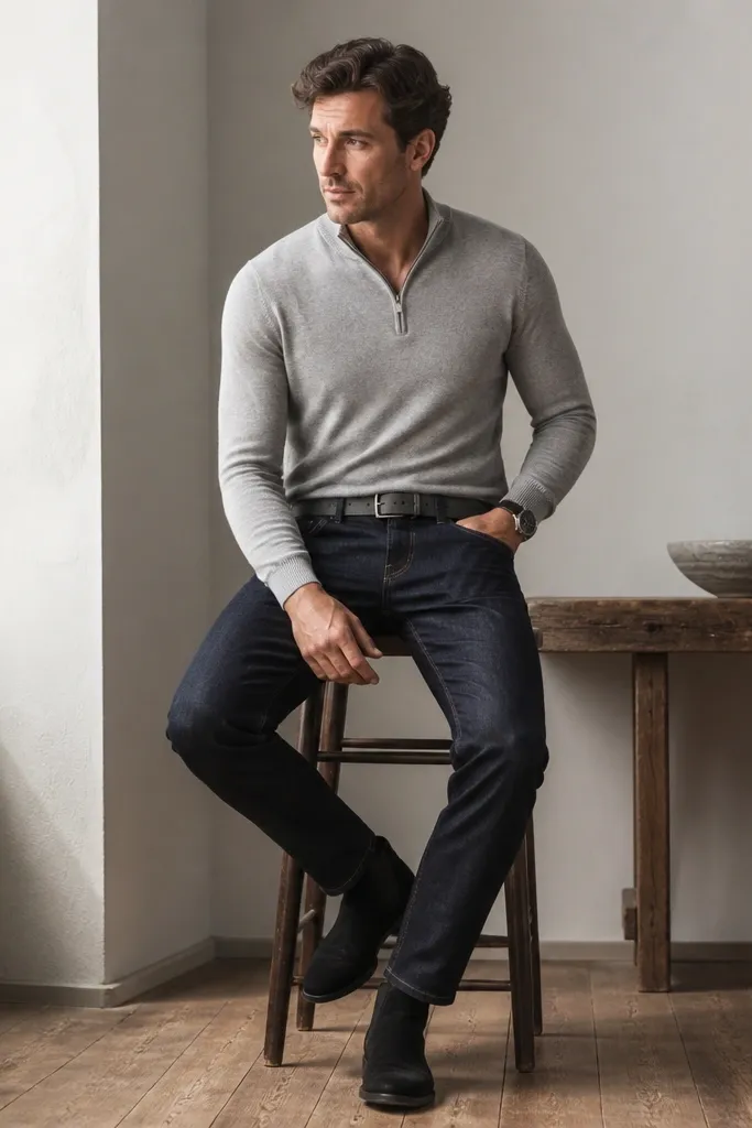 A heather gray quarter zip polo with the zipper half-closed, paired with dark indigo jeans. The look includes black suede Chelsea boots and a charcoal belt. The sleeves are slightly snug at the wrist with a visible watch.