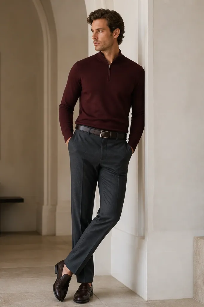A burgundy quarter zip polo worn with charcoal tapered trousers. Dark brown loafers are visible, along with a matching belt. The quarter zip is zipped to the top notch and the sleeves end cleanly at the wrist.