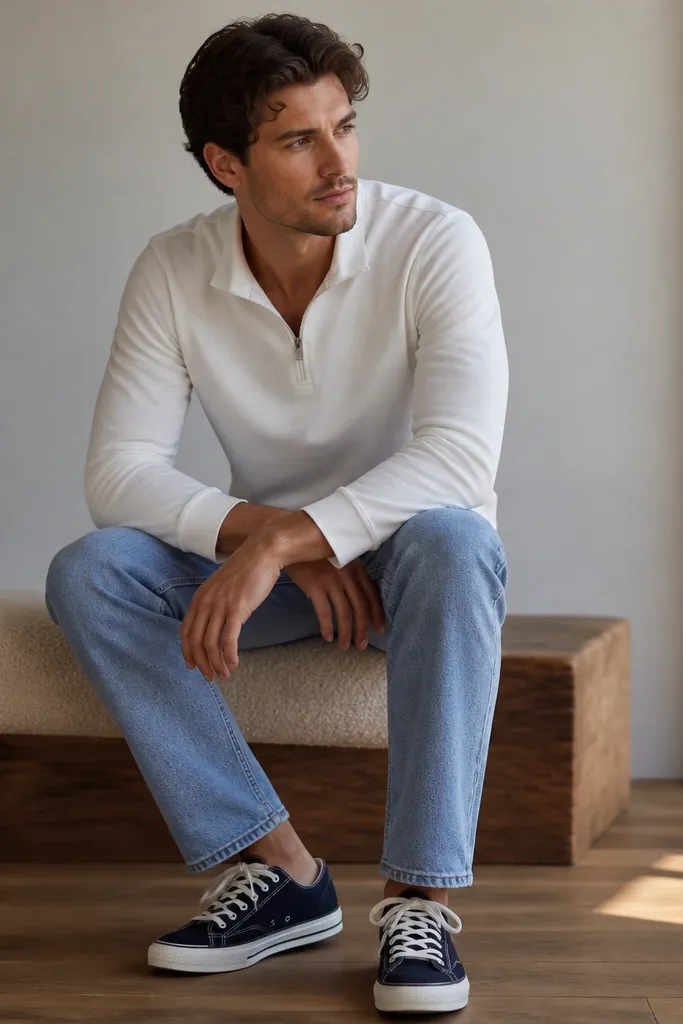 A white quarter zip polo paired with light blue denim. The shoes are navy canvas sneakers with white laces. The quarter zip is worn with the zipper slightly open and sleeves rolled naturally to the wrist.