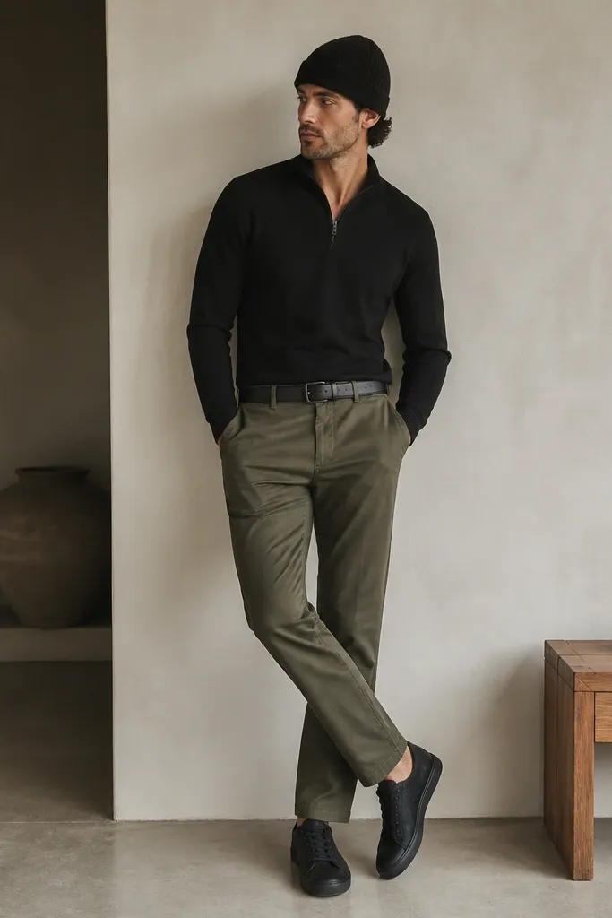 A black quarter zip polo zipped to mid-chest, paired with olive twill chinos. The shoes are black low-top sneakers with minimal branding. A black leather belt and a dark knit cap are visible.
