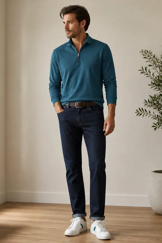 A teal quarter zip polo paired with navy straight-leg jeans. The sneakers are white with a teal accent stripe. The outfit shows a clean cuff at the ankle and a belt in dark brown.