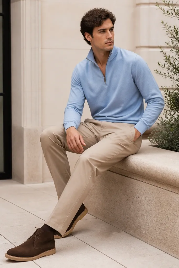 A light blue quarter zip polo worn with beige chinos. The shoes are brown desert boots with crepe soles. The zipper is half-closed and the collar looks crisp.