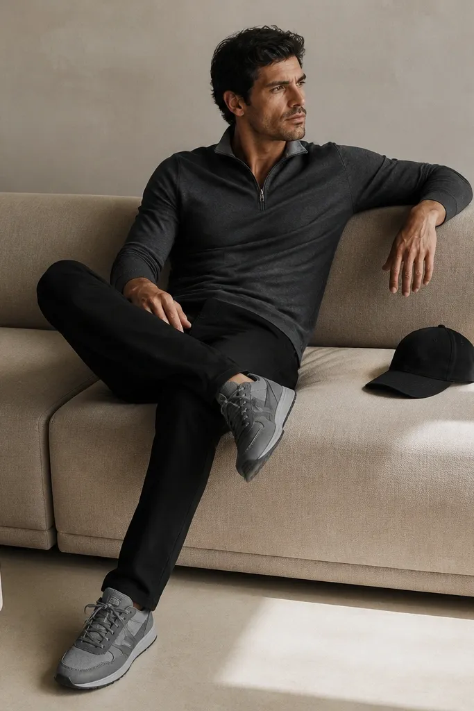 A charcoal quarter zip polo with the zipper half-closed, paired with black chinos. Shoes are grey sneakers with a sporty silhouette. A black cap sits on the side, and the outfit has a monochrome feel.