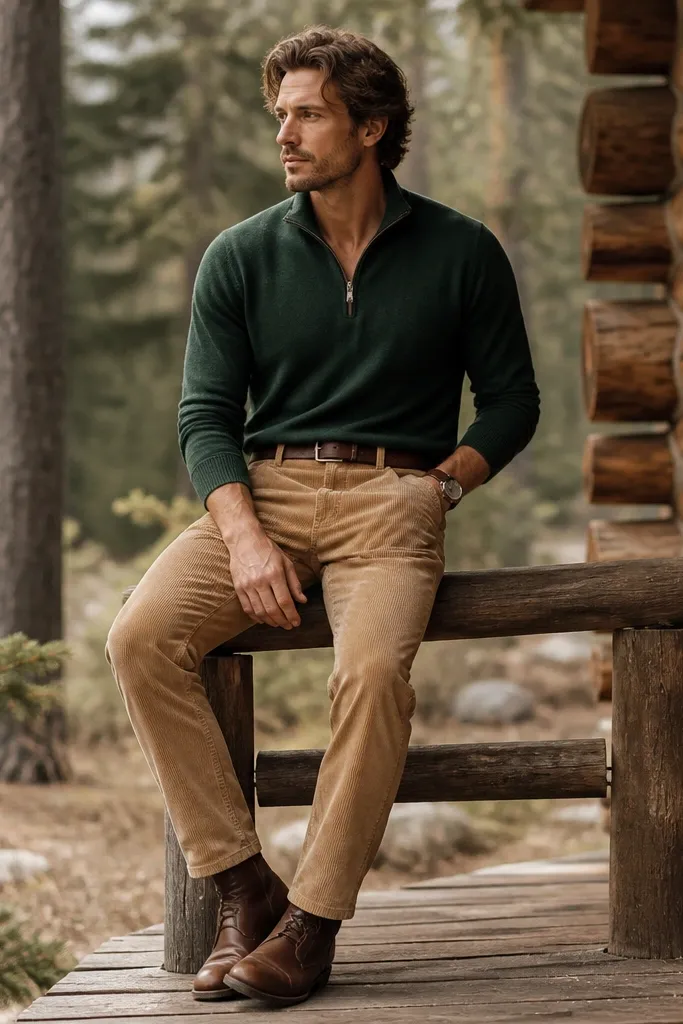 A forest green quarter zip polo, zipped halfway, worn with tan corduroy pants. Brown leather boots are visible with a slightly taller shaft. The outfit includes a brown belt and a watch with a leather band.