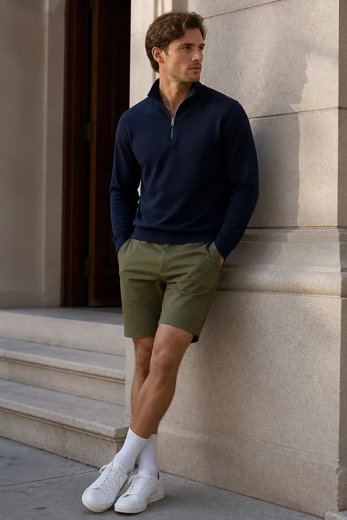 A navy quarter zip polo worn with olive chino shorts. White canvas sneakers are visible, along with a white crewneck sock. The quarter zip is zipped to the second notch and the sleeves sit at the wrist.