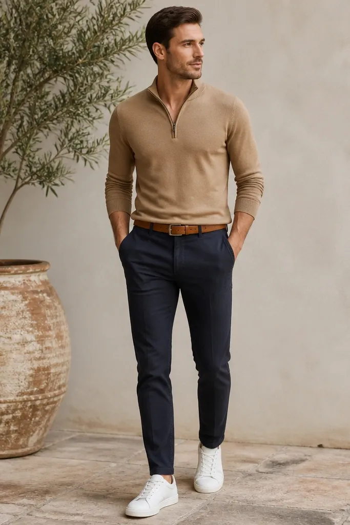 A camel quarter zip polo zipped halfway, paired with navy chinos. White leather sneakers are visible, plus a tan belt. The outfit has warm neutral tones and a clean casual look.