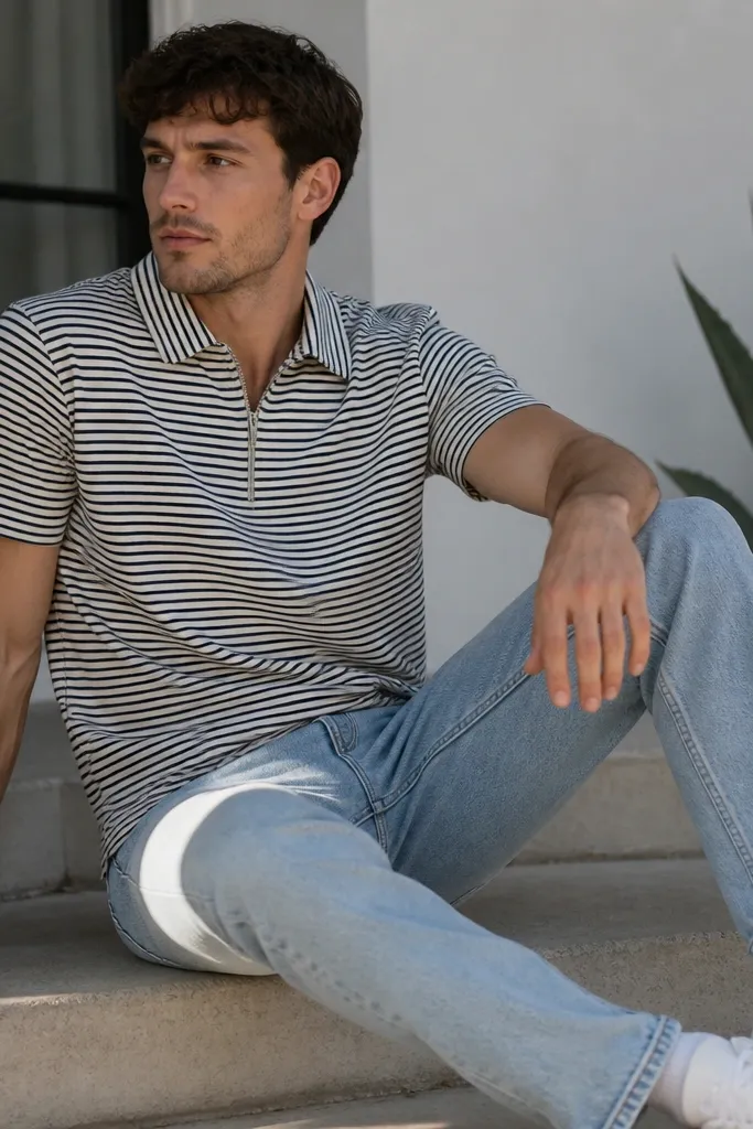 A black-and-white striped quarter zip polo worn with light wash denim. The shoes are white sneakers and the outfit has a casual, sporty vibe. The zipper is half-closed and the collar sits flat.