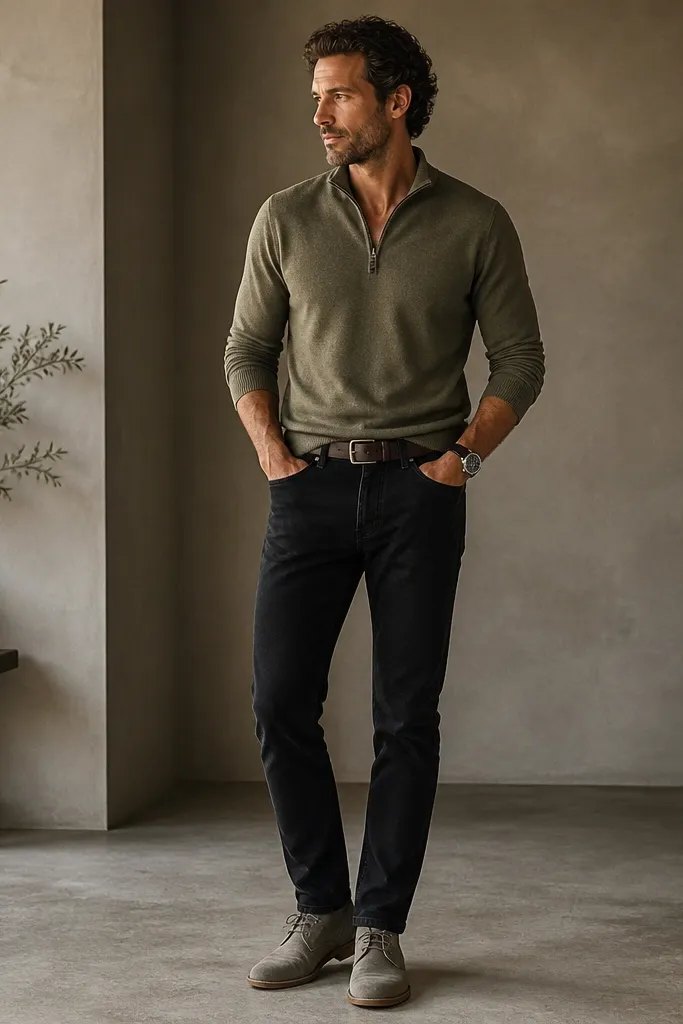 A heather olive quarter zip polo zipped to mid-chest, paired with black denim jeans. Shoes are grey suede desert shoes. The outfit includes a dark belt and a watch with a dark strap.