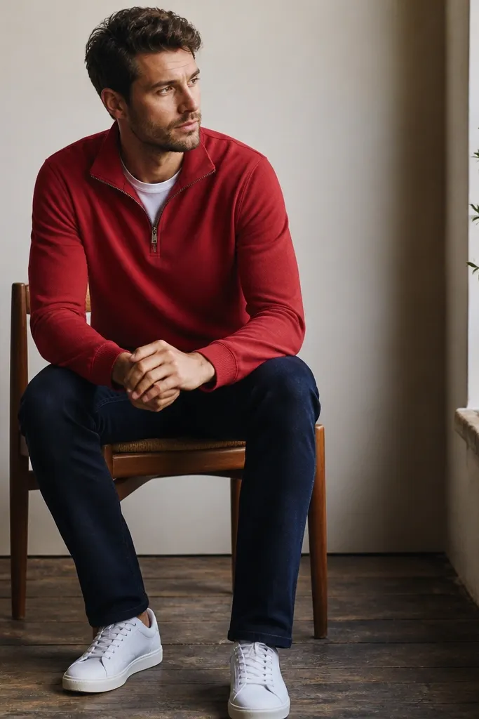 A red quarter zip polo worn over a white or bare tee neckline, paired with dark navy jeans. White leather sneakers are visible. The zipper is half-closed and the collar is crisp.
