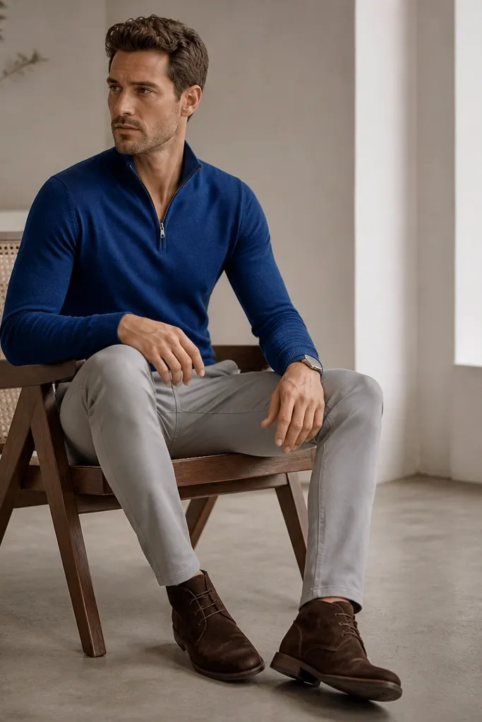 A royal blue quarter zip polo worn with light grey chinos. The shoes are suede chukka boots in dark brown. The zipper is slightly open and the fabric texture is visible.