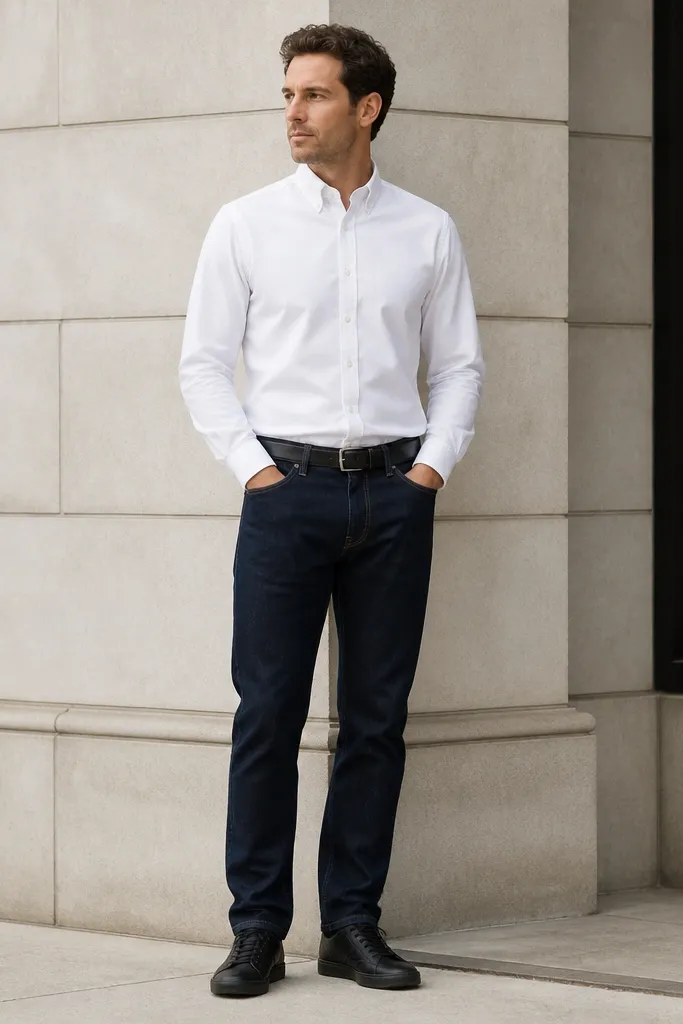 A man wearing a crisp white oxford button-down tucked neatly into dark indigo straight-leg jeans. The sleeves are unrolled, belt is black, and he wears clean black leather sneakers. The photo shows a sharp, clean chest line and a waistband that sits flat.