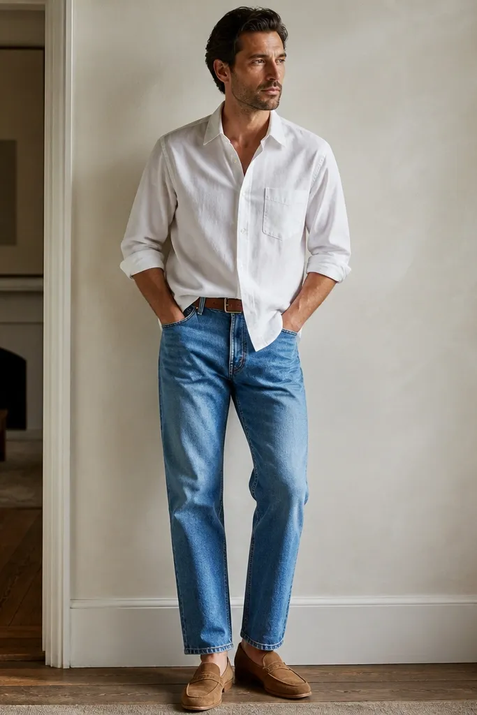A man in a white poplin button-up half-tucked into medium wash relaxed-fit blue jeans. Sleeves are rolled to mid-forearm, he has a brown leather belt, and he's wearing tan suede loafers. The waistband looks smooth and the shirt front drapes over the belt.