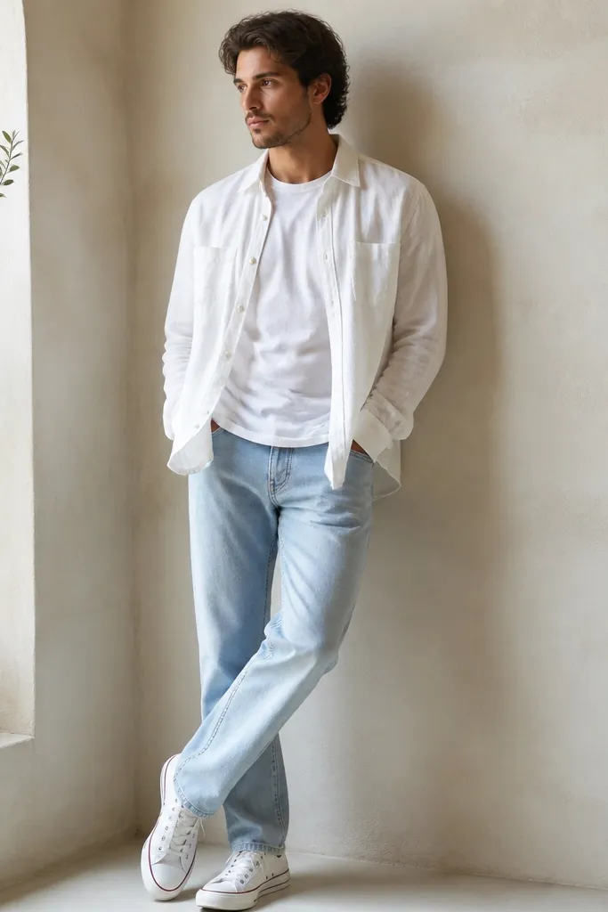 A man wearing an unbuttoned white linen button shirt open over a plain white crew-neck tee. Light wash blue jeans are slightly faded, and he wears white canvas sneakers. The shirt is wrinkled naturally, sleeves are down, and the outfit looks airy.