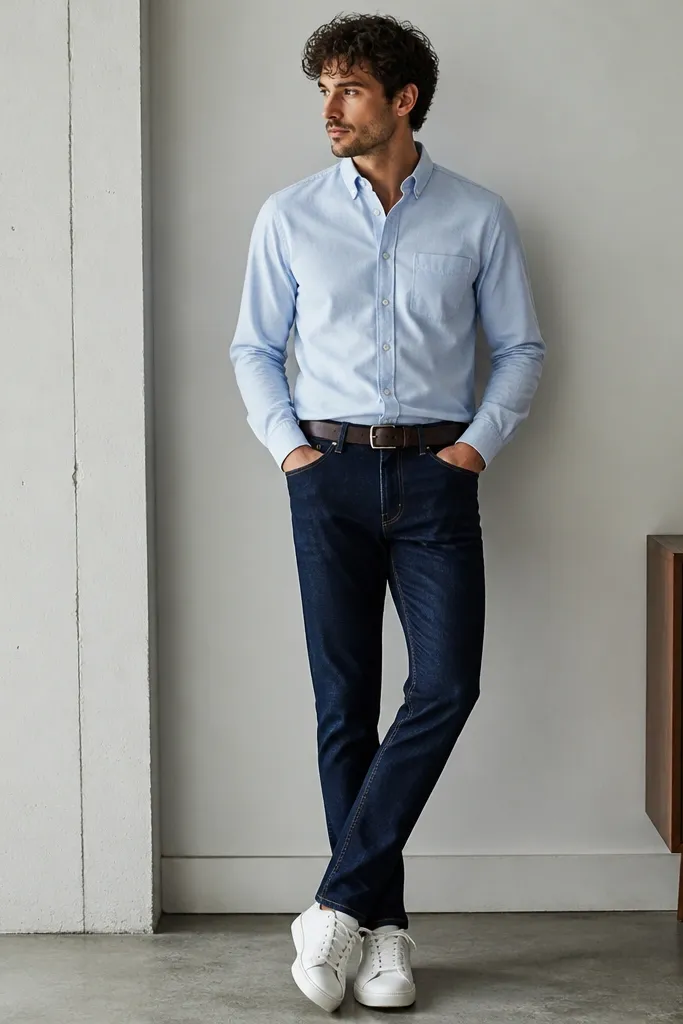 A man in a white chambray shirt fully tucked into dark blue slim jeans. The chambray has a slight blue tint and visible weave. He wears clean white low-top sneakers and a dark brown belt with a minimal buckle.