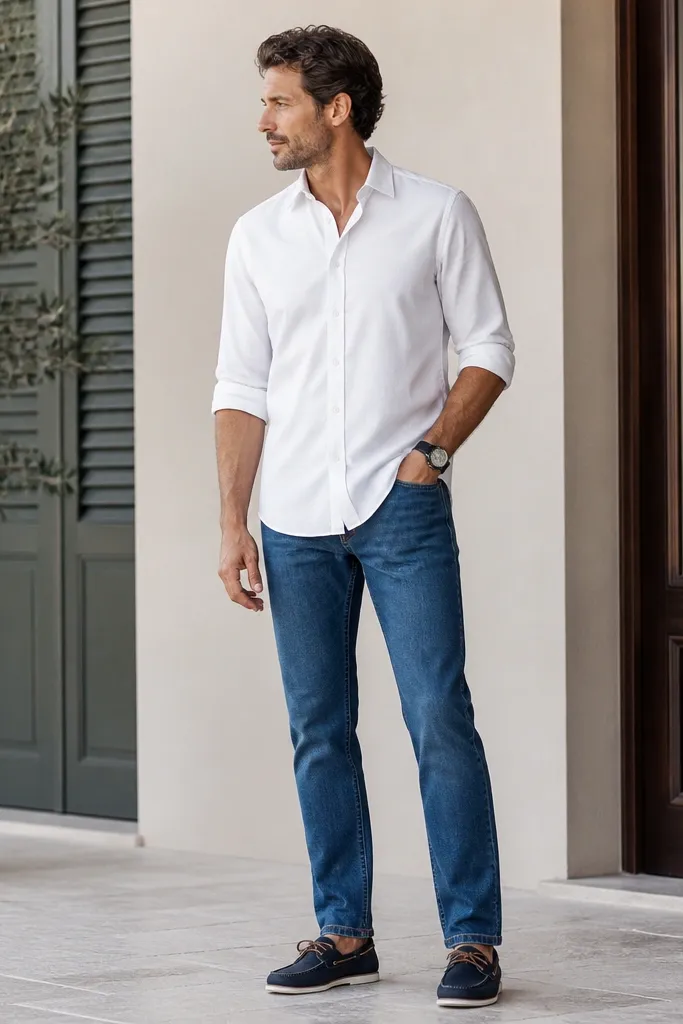A man wearing a white dress shirt with rolled sleeves to elbow height. The shirt is untucked, hanging clean over mid-blue straight jeans. He wears dark navy boat shoes and a simple black watch.