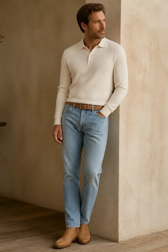 A man wearing a white knit polo shirt, sleeves down, tucked into light blue jeans. He has a tan leather boot with a clean toe and a tan belt. The polo has a soft texture and a neat collar.