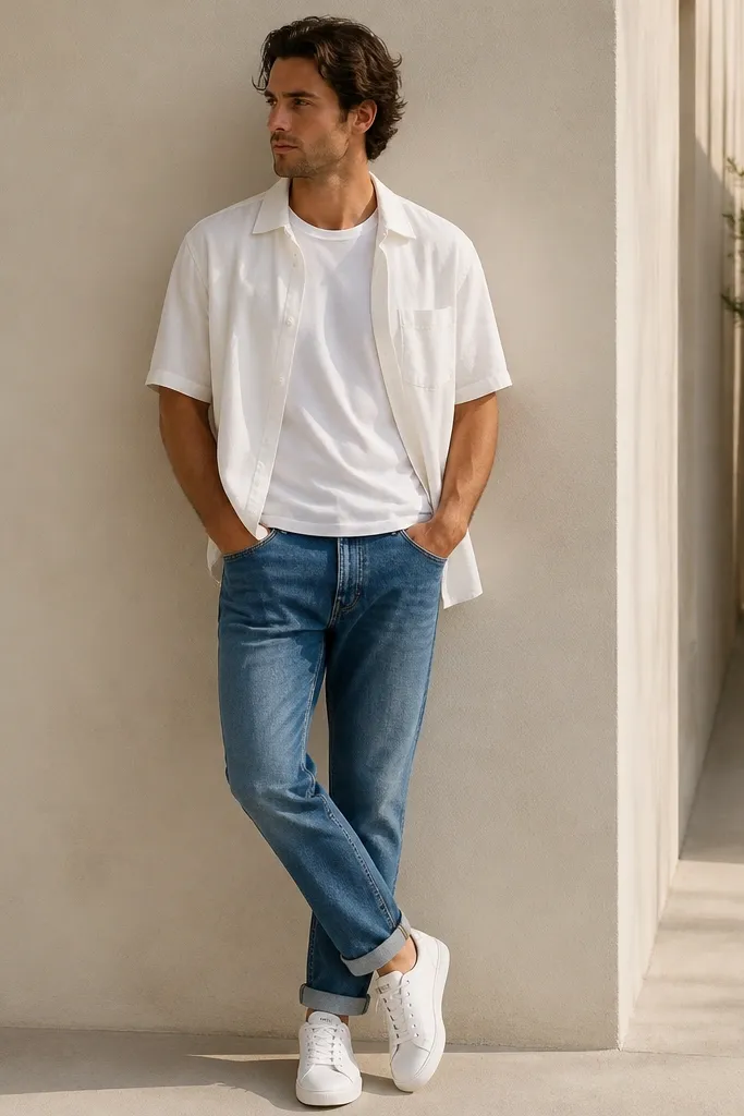 A man in a white crew-neck t-shirt with an open white short-sleeve button shirt layered on top. He's wearing blue jeans with cuffs rolled once at the ankle and white sneakers. The outfit looks casual and summery.